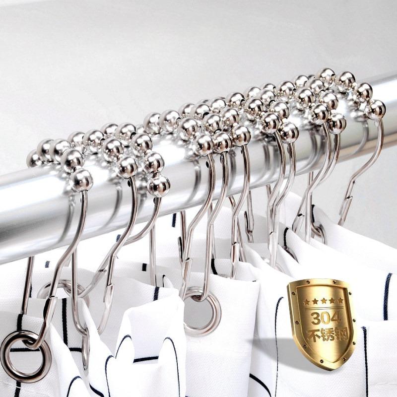 12/30/50pcs Stainless Steel Curtain Hooks 5 Rollers Polished Satin Nickel Ball Bath Curtain Rollerball Shower Curtain Ring Hooks