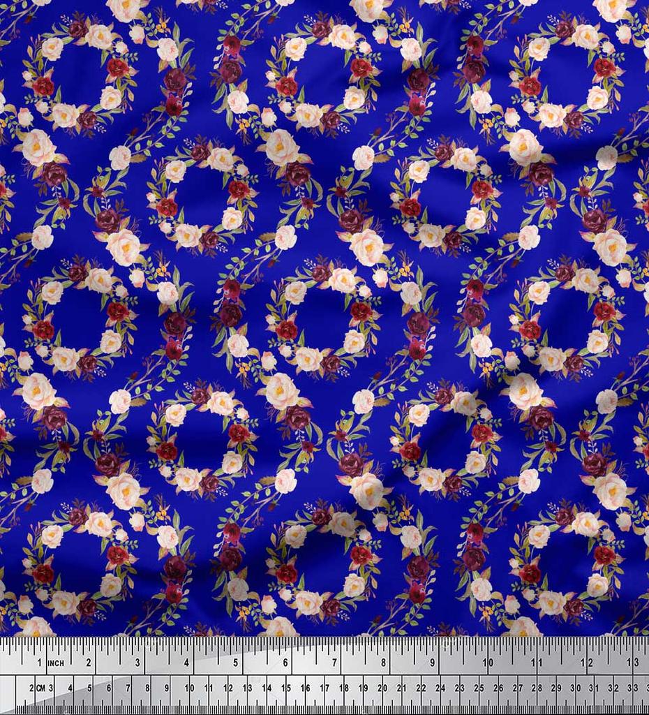 Soimoi Modrá poly krepová látka damaškový květinový potisk látka na metr 42 palců