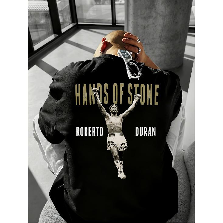 Мужская футболка для бокса Roberto Duran Hands of Stone - Тяжелый хлопок, короткий рукав, круглый вырез, с принтом культовой подписи боксера, бренд Signature Duran, S