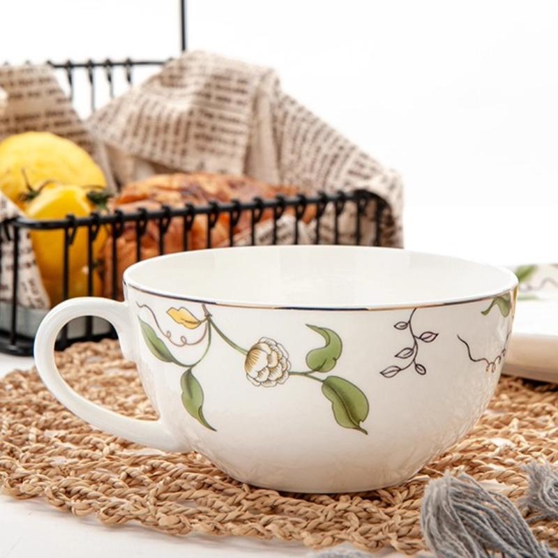 Kávový šálek s podšálkem z jemného kostního porcelánu s motivem kvetoucí švestky 300ml, barevné květiny, porcelánový čajový šálek s podšálkem