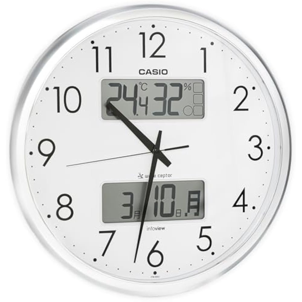 CASIO Wall Clock, Radio-Controlled, Silver, Analog, Displays Room Temperature, Humidity, and Cale...
