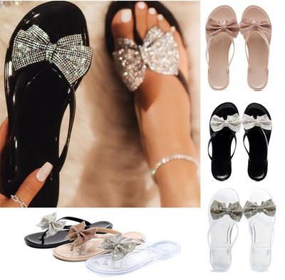 Nieuwe Zomer Clip-on Strik Flikker-boorkristallen Sandalen Dames Teenslippers Open Teen Platte Sandalen Buitenslippers