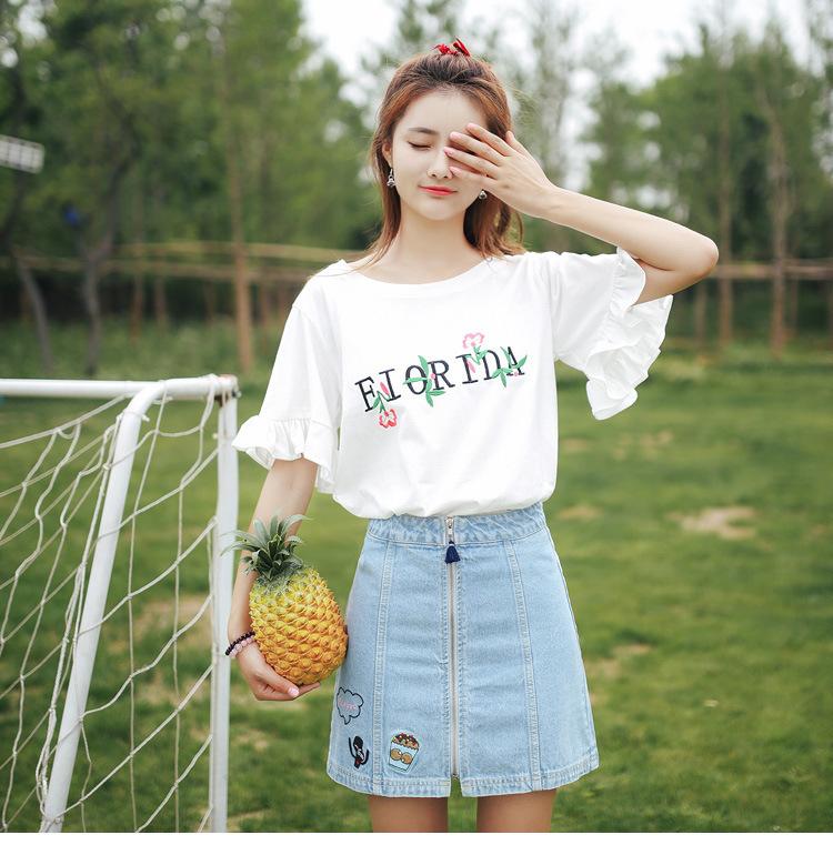 

Summer new Korean version of small fresh embroidery ruffle edge horn sleeves loose short sleeve T-shirt on clothes female trend XXL білий