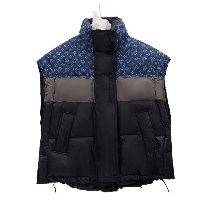 Down cotton vest women's new splicing thickened thermal cotton vest stand-up collar wear cotton vest vest jacket