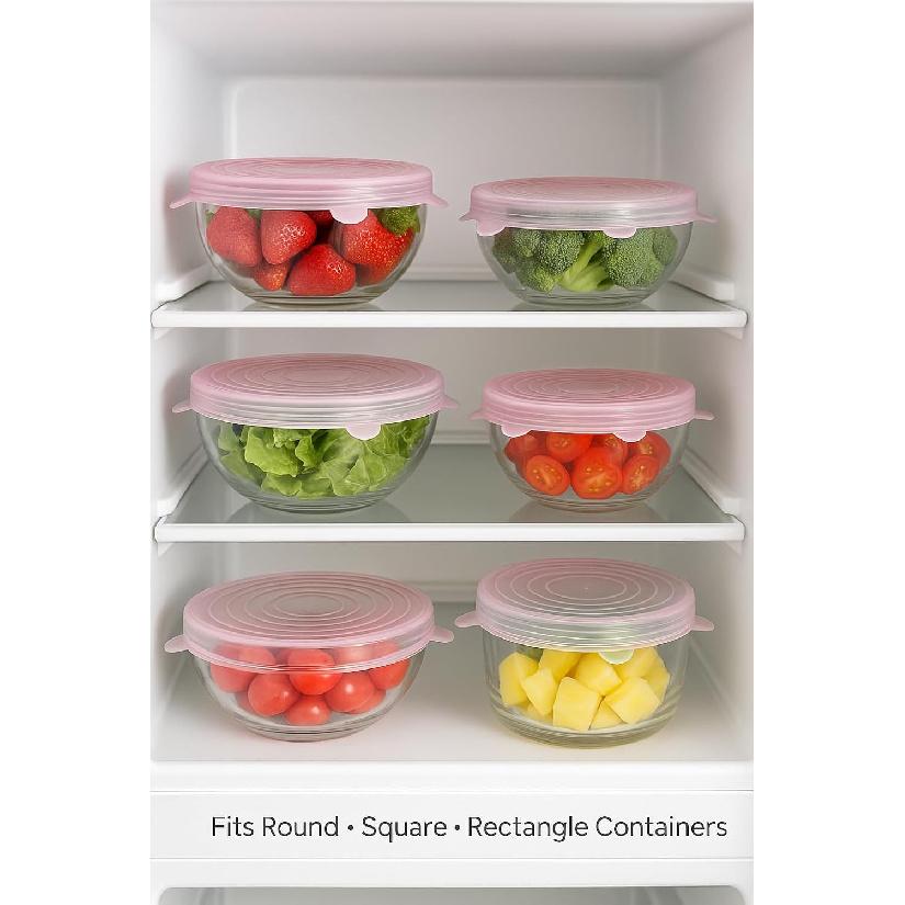 Silicone Stretch Lids Pink (6 Pack) Reble Airtight Food Covers for Bowls, Containers & Fruits |Elastic BPA-Free Stretchable Lids | Microwave, Freezer