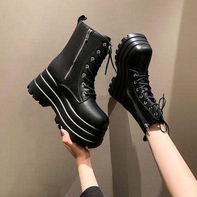Botines Negros con Elevación de Altura Primavera Otoño Punta Redonda con Cordones Botas de Tobillo para Mujer Gótico Cuero Plataforma Mujer Zapatos Bajos
