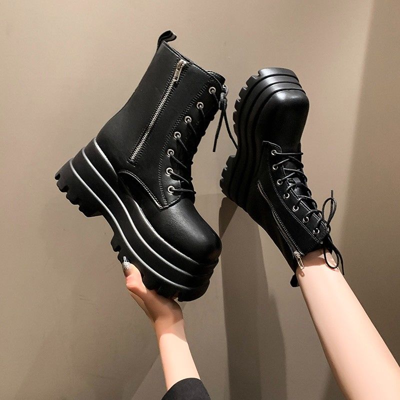 Black Height Increase Booties Spring Autumn Round Toe with Laces Ankle Boots for Women Goth Leather Platform Woman Short Shoes