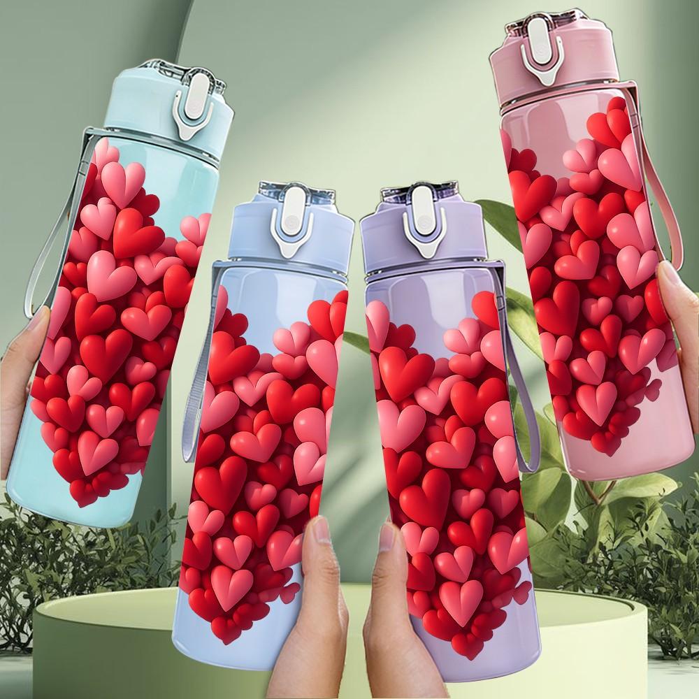 1PC Red Rose Heart Shape Print 750ml Color Plastic Sports Water Bottle Leakproof Flip Straw Lid Suitable for Sports Office Home Use