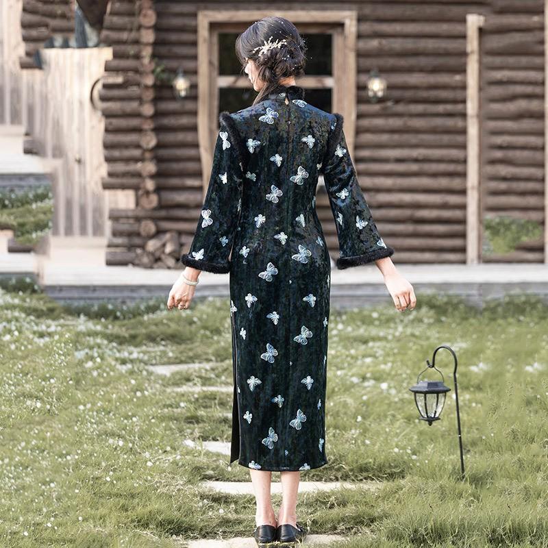 Elegant Knit Winter Cheongsam Dress With Embroidery Lining Velvet Long Sleeve Retro Chinese Style Women