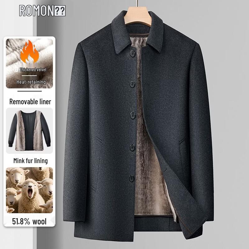 ROMON Men's Luxury Removable Liner Wool Overcoat