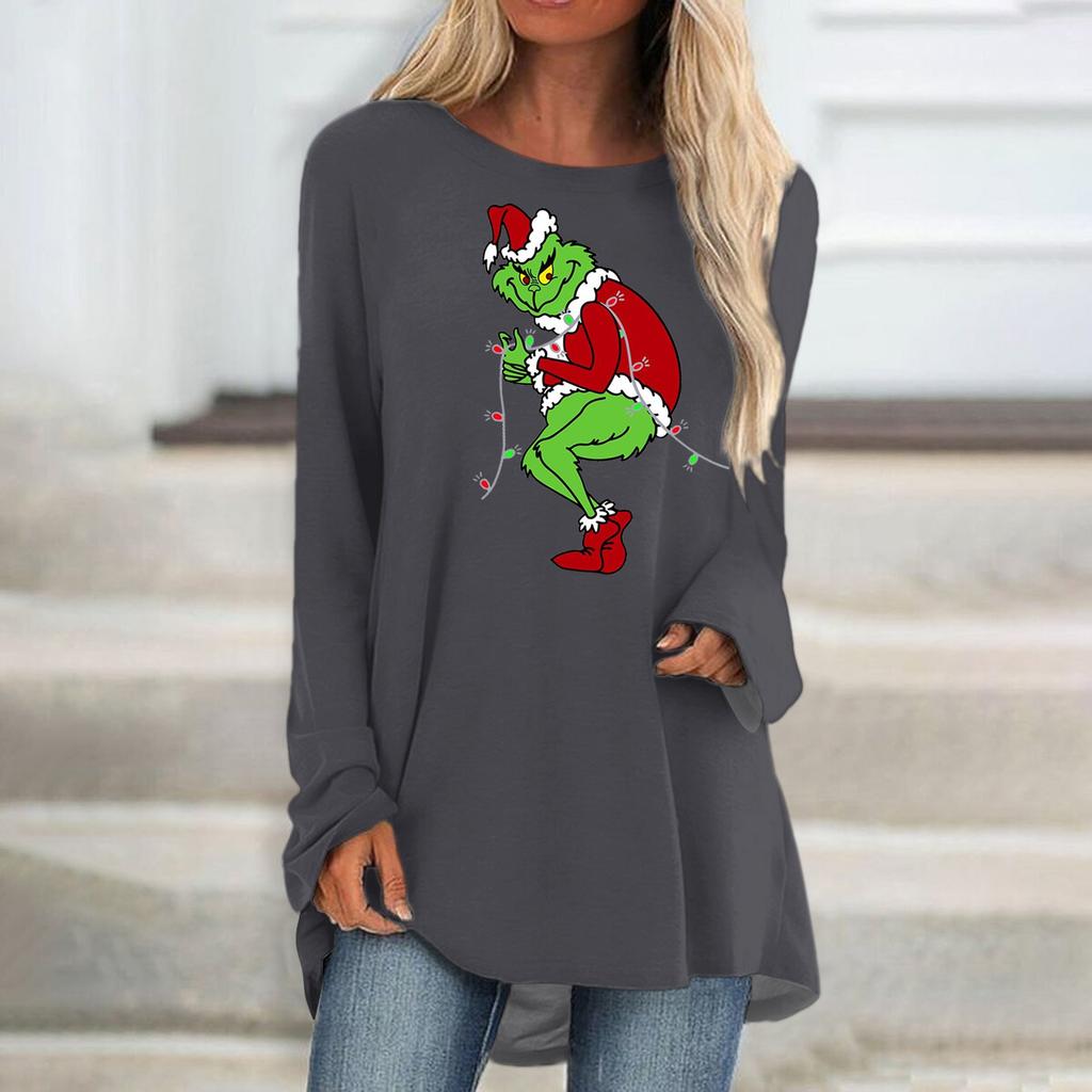 Modna damska koszulka z nadrukiem i długim rękawem w dużym rozmiarze i okrągłym dekoltem