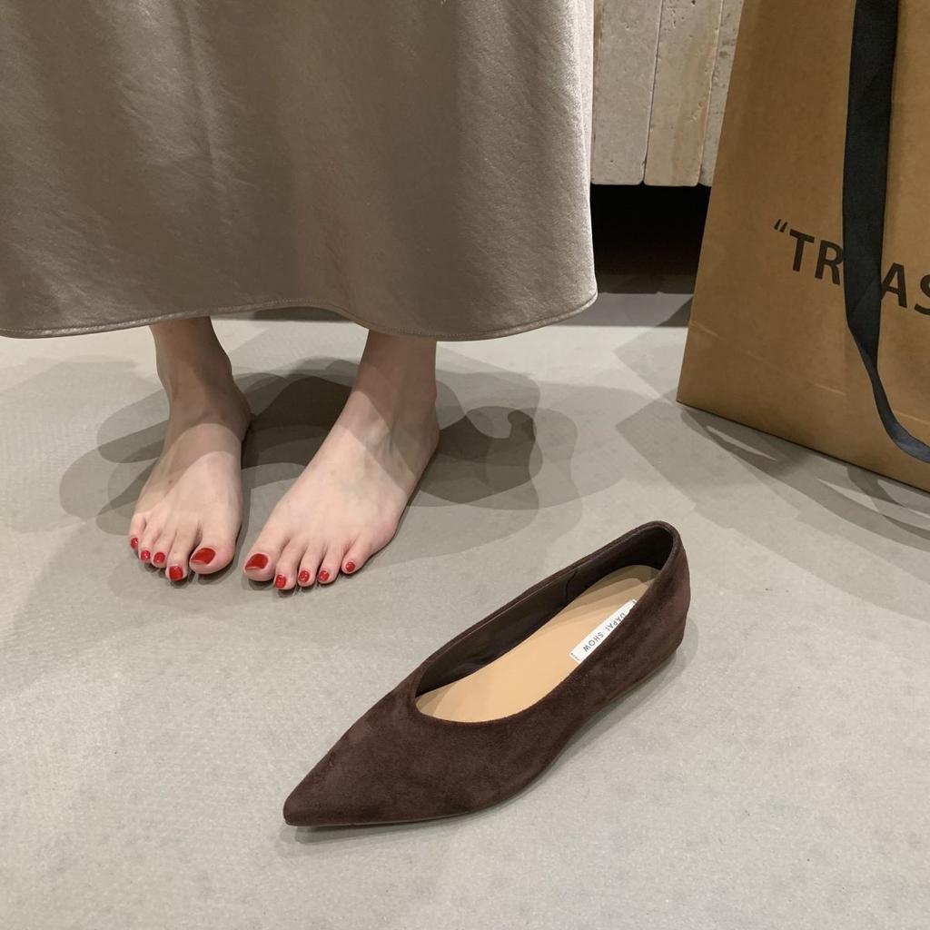 Shallow single shoes, women's height increase, French pointed head suede, thin one-pedal Doudou shoes, commuting is not tired, women with laden shoes