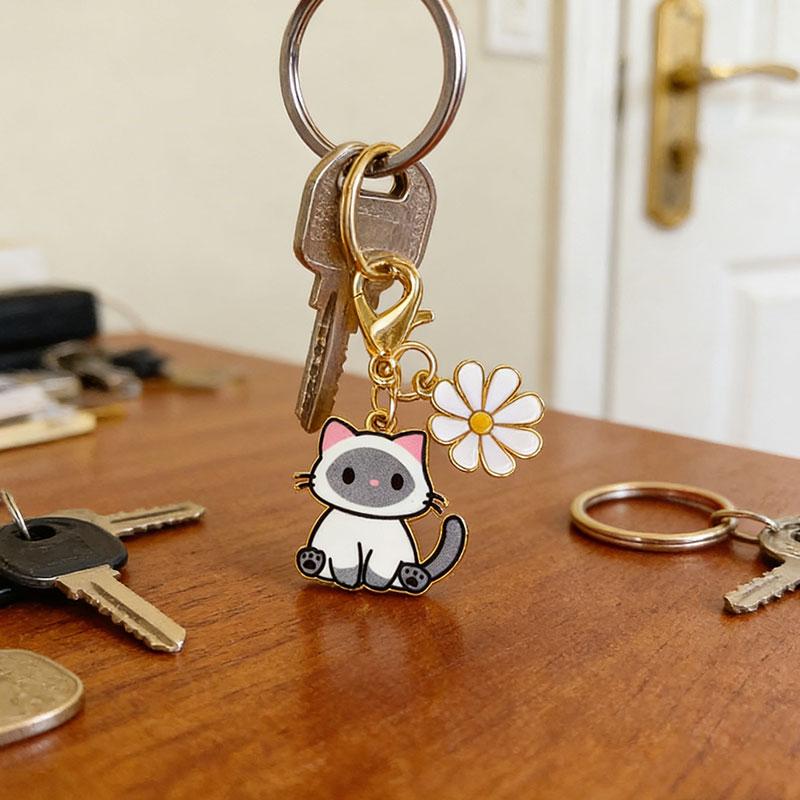 1/8pcs Cat & Daisy Cute Keychain Cartoon Handbag Pendants for Women Girls Key Ring Bag Charm