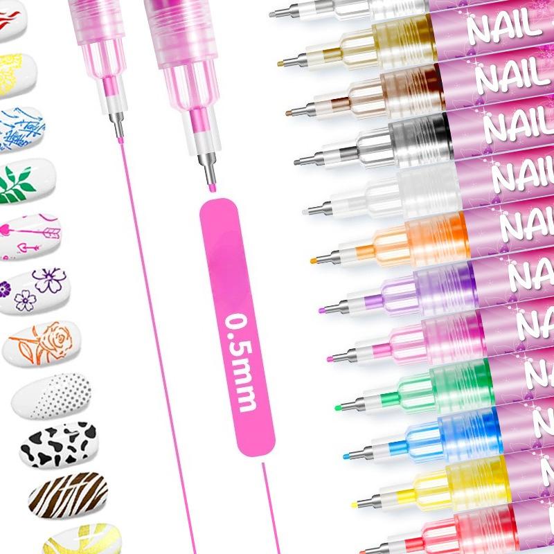 12 Color 0.5mm Needle Tip Nail Painted Graffiti Pen DIY Quick Drying Dot Flower Hook Line Waterproof Acrylic Pigment Pen