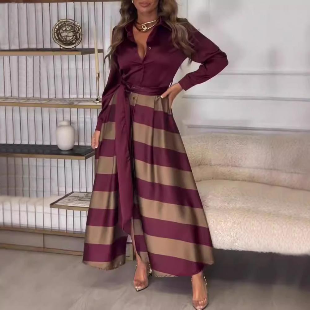 Women Long Dress Elegant Striped Maxi Dress with Lace-up Waist Detail for Office Wear Business Meetings Stylish A-line Design