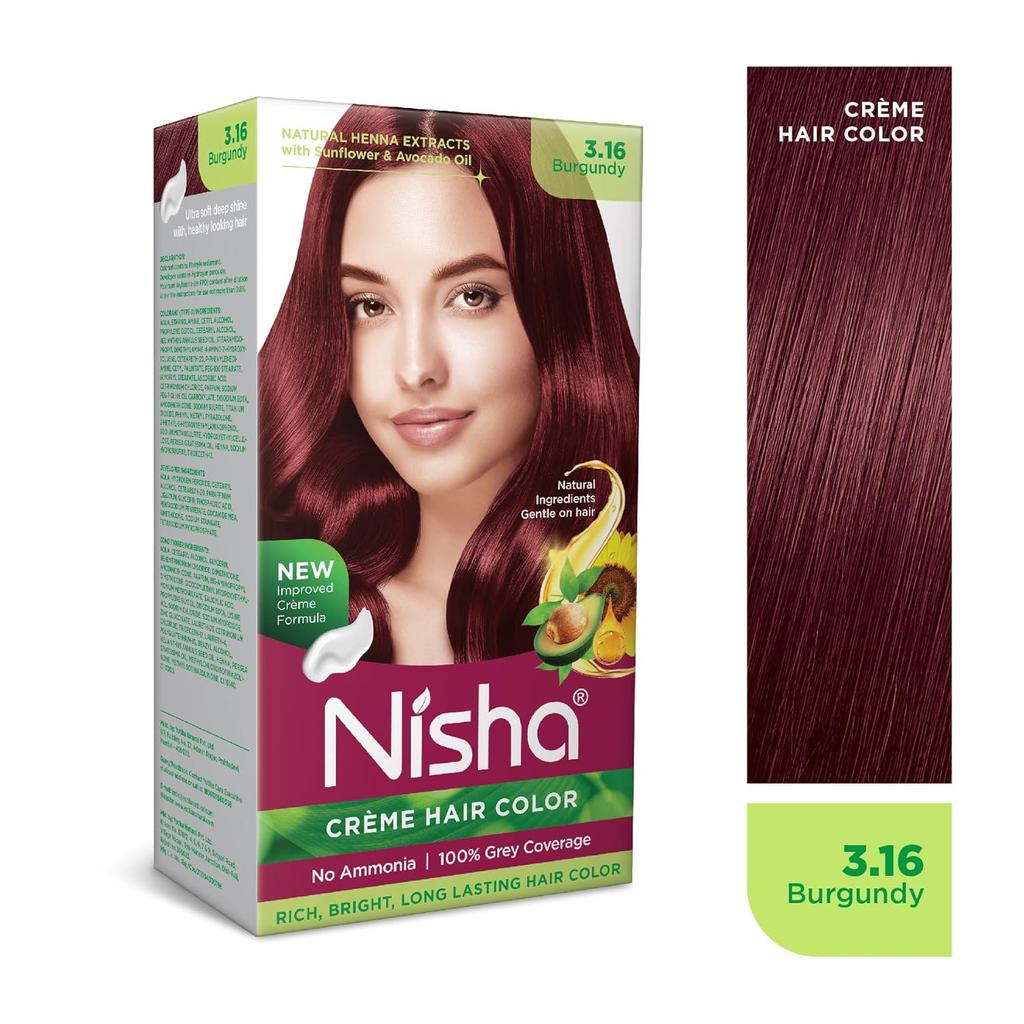Nisha Creme Hair Color Burgundy 60G + 60Ml Permanent Grey Coverage Ammonia Free Natural Henna Extract