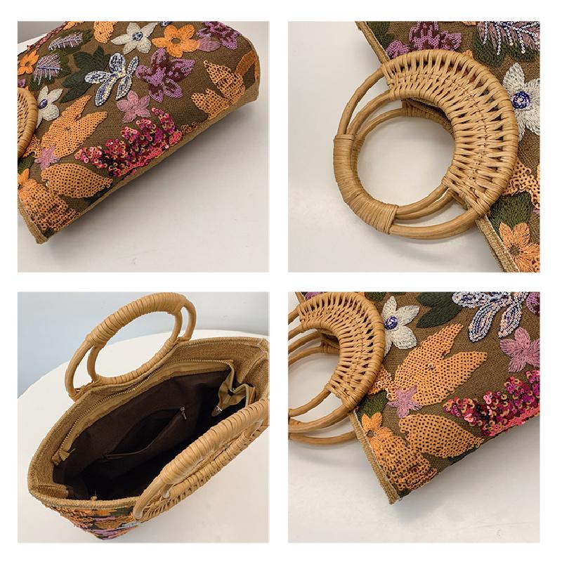 Ethnic Style Flower Embroidery Canvas Tote Bag Large Capacity Handbag For Women Top Handle Shopping Handbags