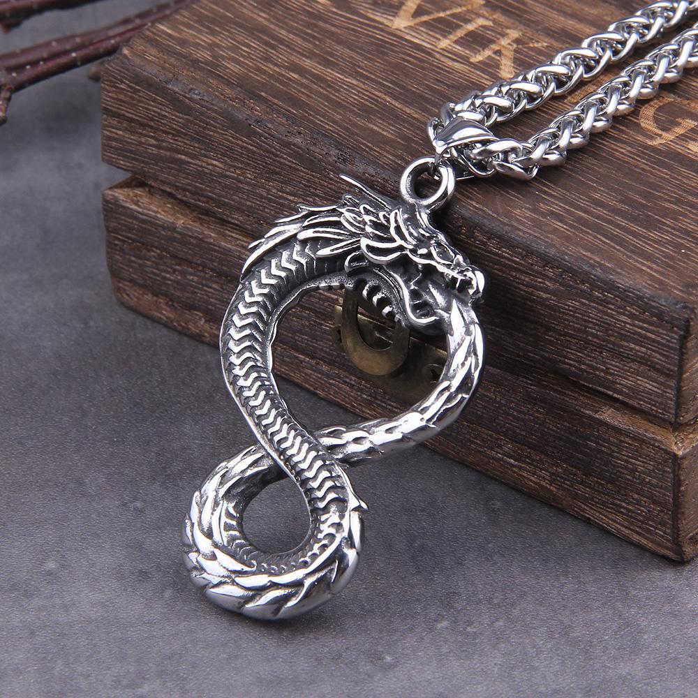 Never Fade Norse Ouroboros Dragon Snake Pendant Necklace with Wooden Gift Box