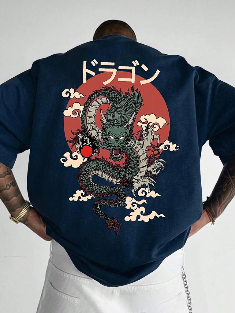 Japanese Anime Dragon Print Cotton Trendy Unisex Unisex Tshirts Summer Daily Outdoor Sports Casual Loose Street Shortsleeve