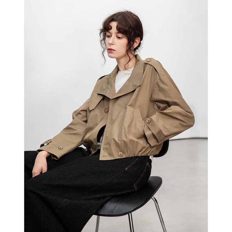 Women's Double-breasted Stand-up Lapel Short Trench Coat with Optional Padding