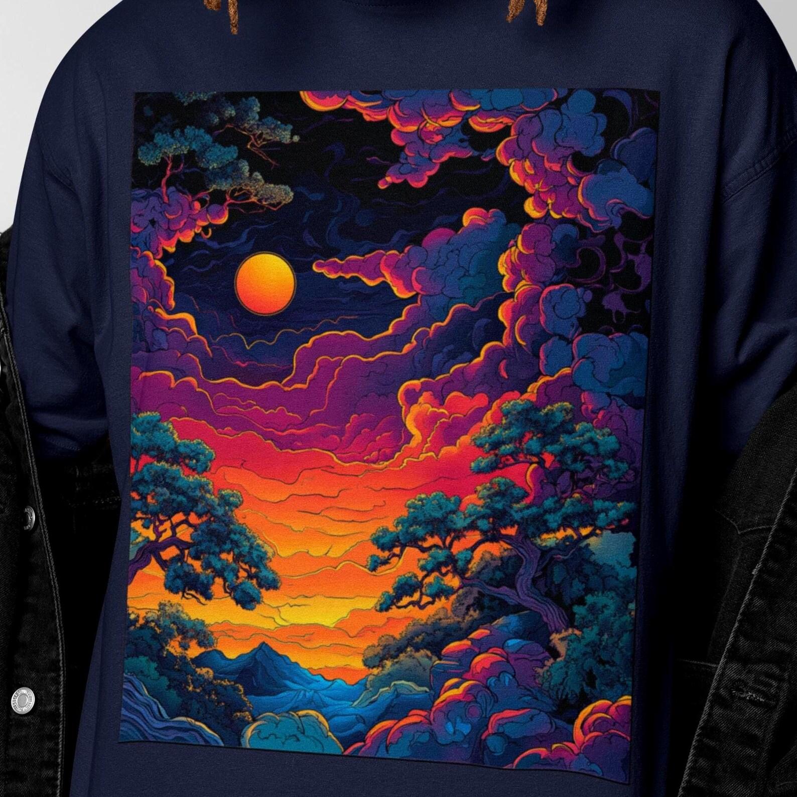 Psychedelic Sunset Shirt | Vibrant Surreal Landscape Tee | Colorful Nature Art T-Shirt | Trippy Forest Sunset Top L