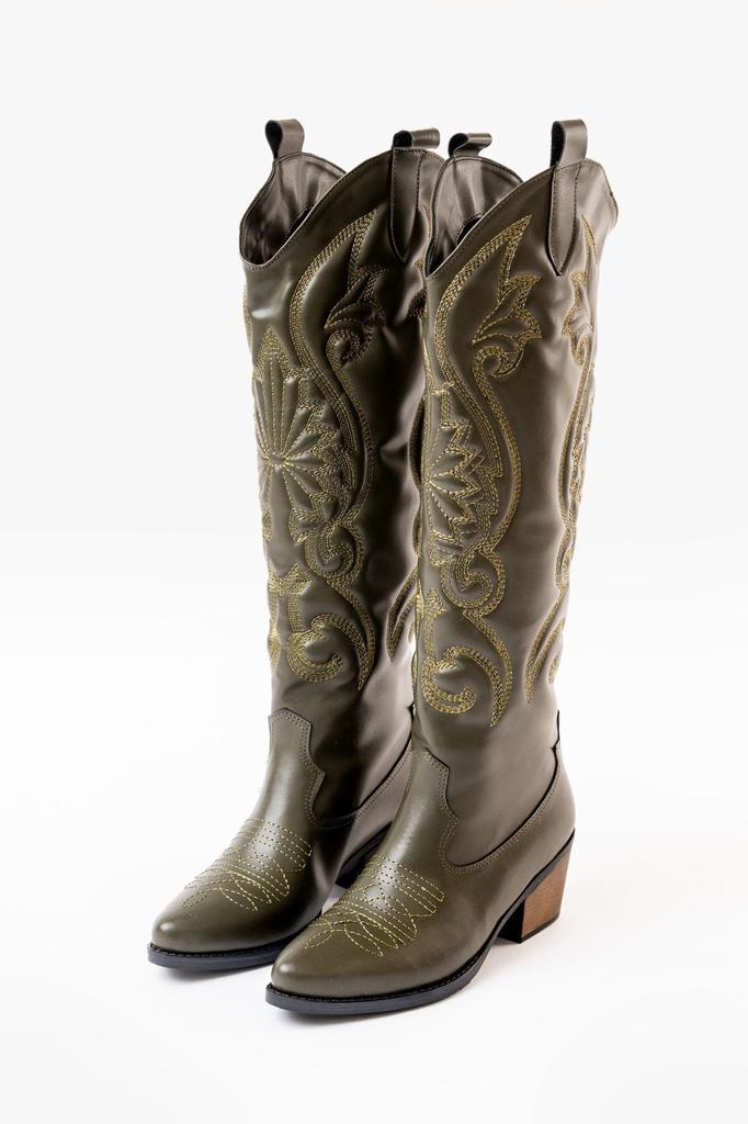 Women Modern Stylish Fashion Boots Faux Leather Suede Black Leather Embroidered Medieval Cowboy Long Boots