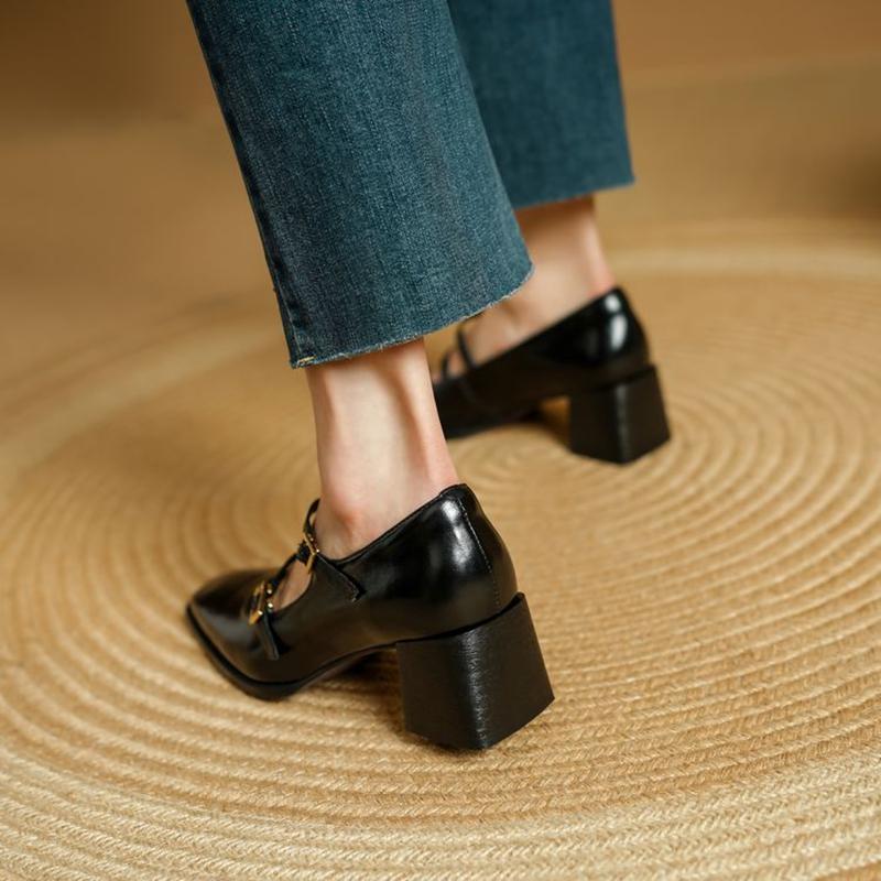 Fashion NEW Spring/Autumn Women Pumps Square Toe Chunky Heel Shoes Genuine Leather Shoes for Women Concise Buckle Strap Mary Janes Shoes