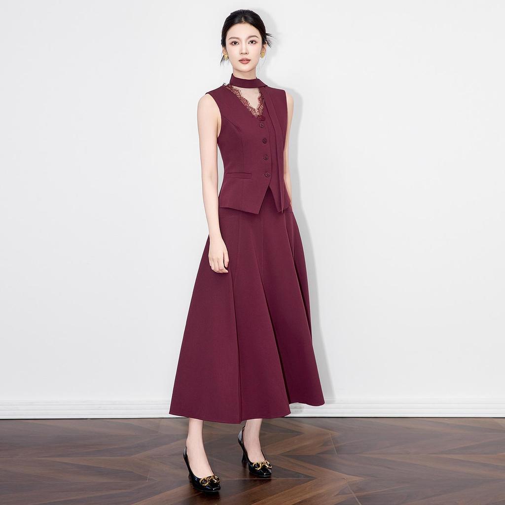 Elegant Lace V-Neck Vest & Midi Skirt Set - Women's New Autumn Style