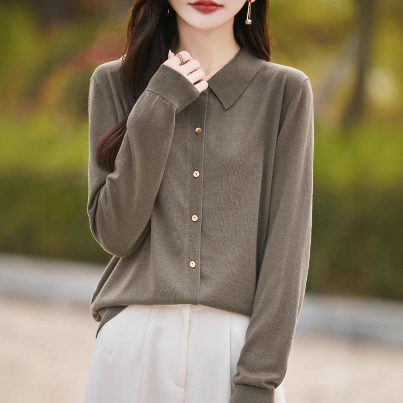 Worsted Wool PO Neck Knitted Cardigan Spring New Solid Color Loose Versatile Top Jacket Women