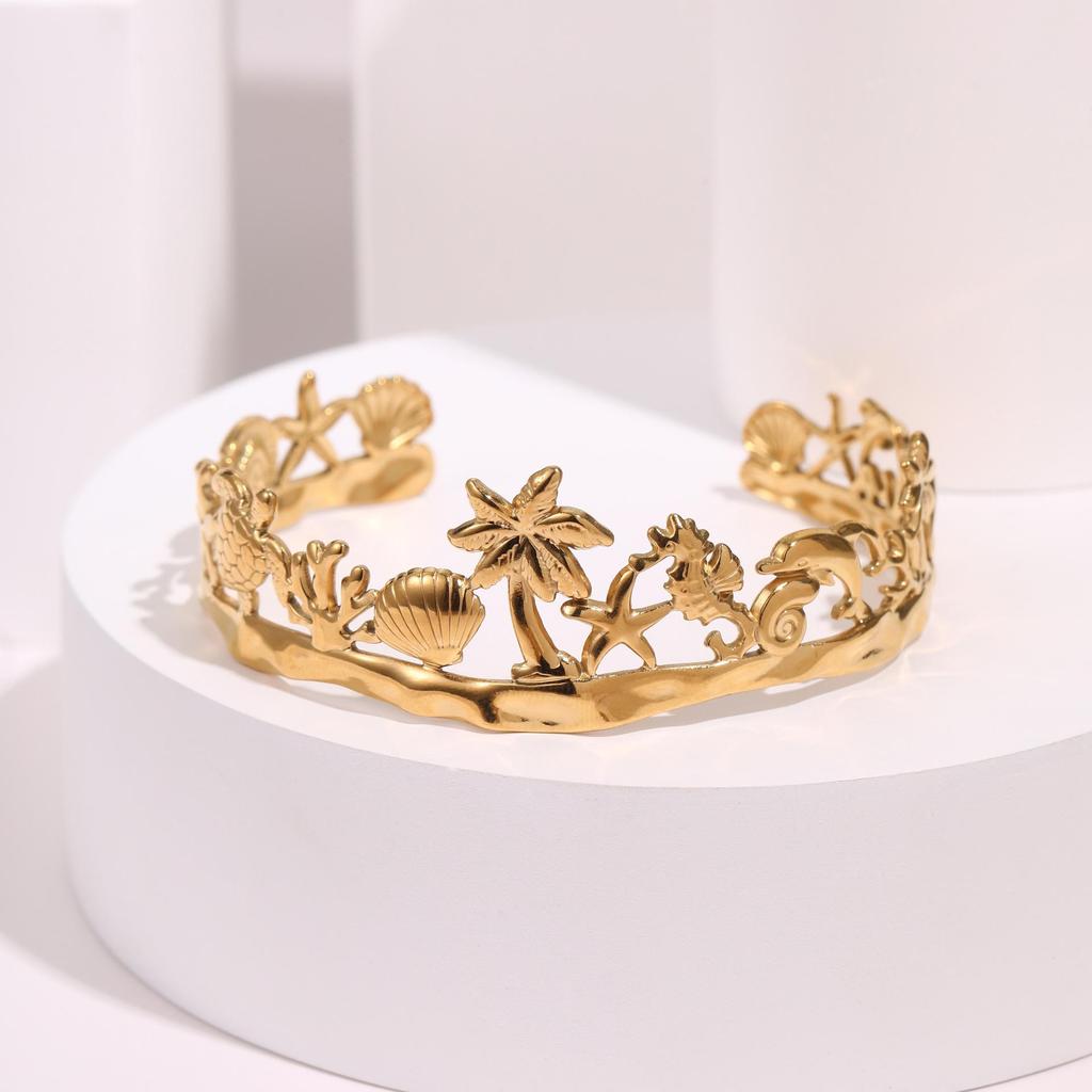 Ocean Style Mermaid Bangle with Coconut Tree & Pearl Inlay, Stainless Steel Jewelry