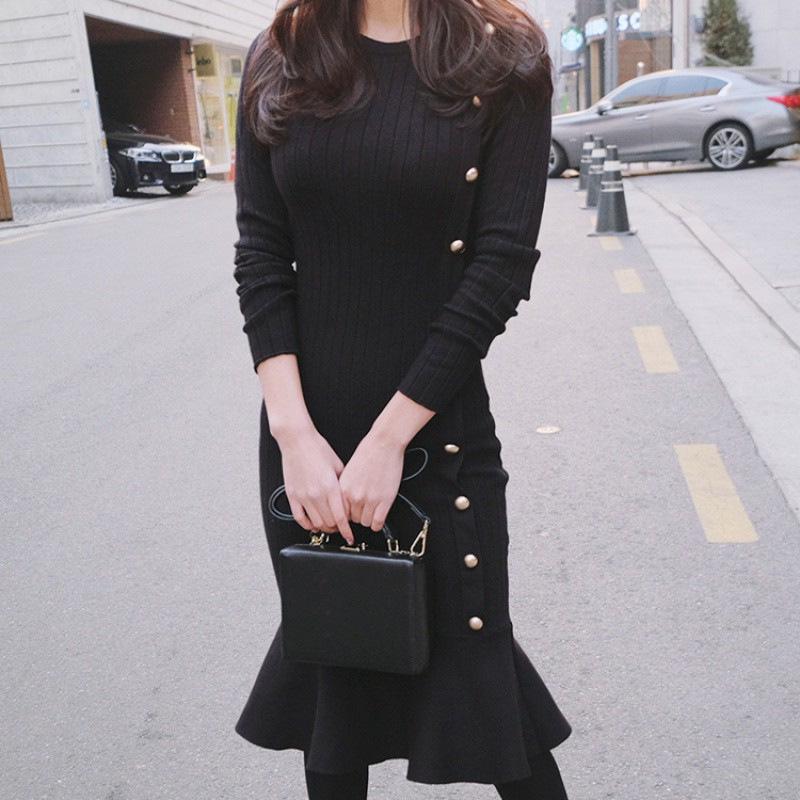 Hepburn Style Knitted Fishtail Sweater Dress for Women - Autumn/Winter Korean Fashion