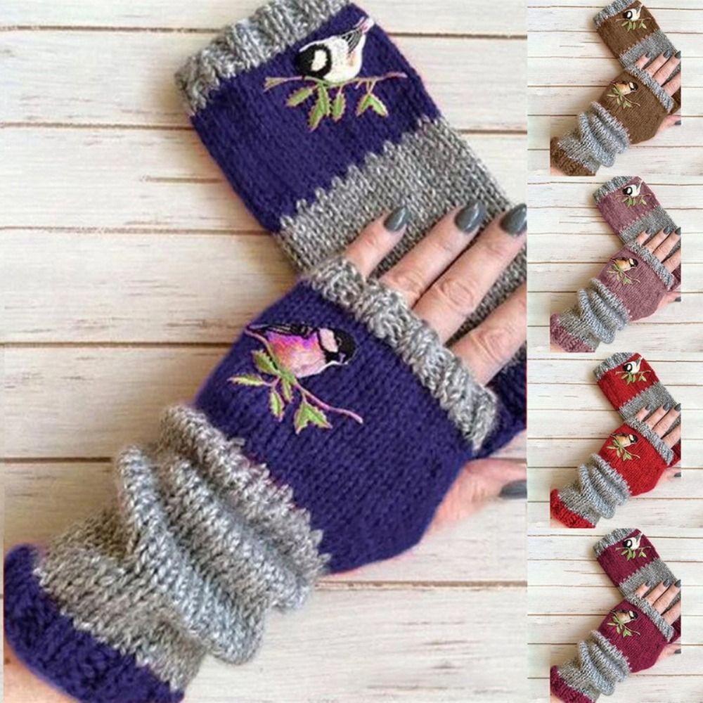 Embroidered Bird Half Finger Gloves Spicy Girl Y2k Winter Mittens Outdoor