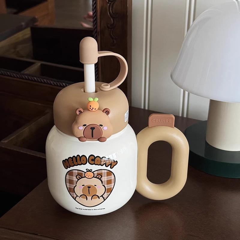 Cute Thermos Bottle With Handle Girls Straw Water Cup Desktop 316 Stainless Steel Tea Water Separation Insulated Cup Tumbler