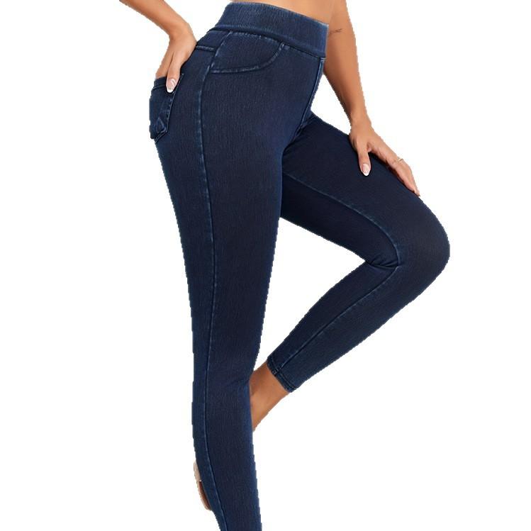 European and American imitation denim yoga fitness pants, thin hip lift elastic leggings, women's high waist belly Barbie pants pockets