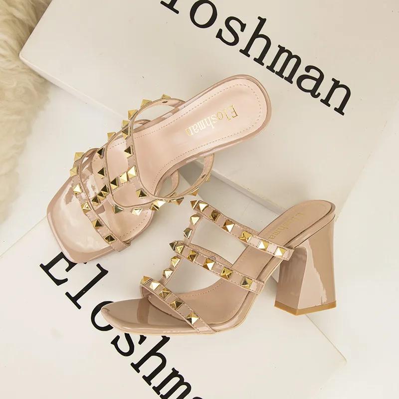European New Women Sexy Modern Sandals Summer Girl Rivet Band High Heels Shoes Party Chunky Heels Shiny Sandals 34-41
