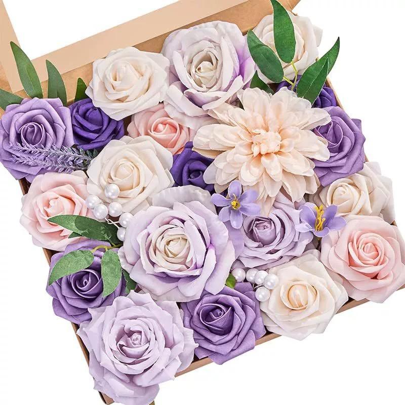 Artificial Flower Combination Box Set, Pink Silk Artificial Rose Bride Bouquet for Outgoing/Indoor DIY Center Piece Flowers for
