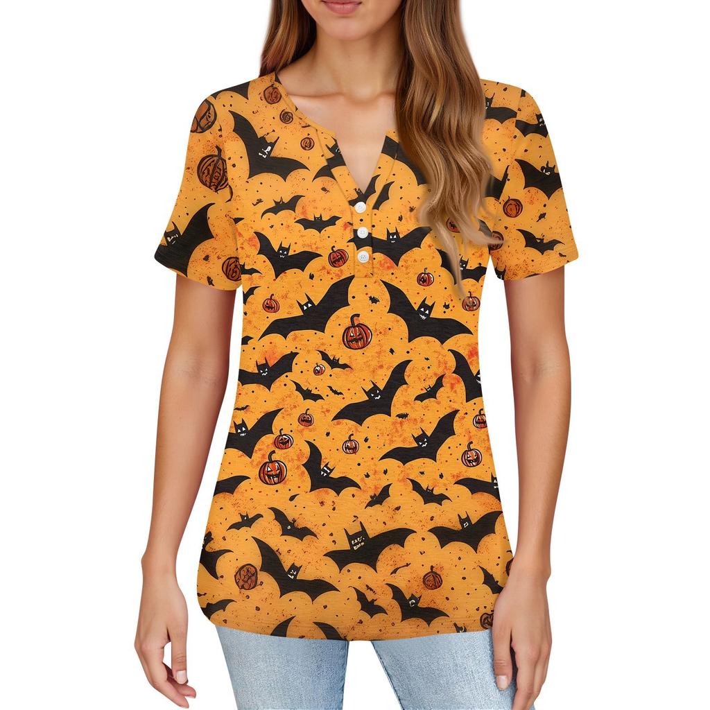 Women's T Shirt Halloween Print Button Short Sleeve Daily Weekend Fashion Basic V- Neck Regular Top