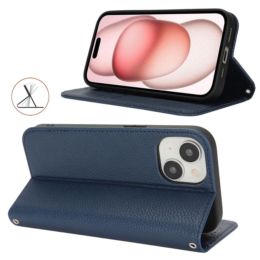 Stand Case for iPhone 15 Litchi Texture Leather Flip Phone Cover with Strap/Wallet