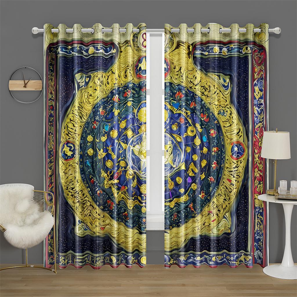 Mystic Zodiac Curtains 2 Panels 3D Print Sun Block Gold Blue Magic Pattern Bedroom Living Room Decor Starry Astrology Art