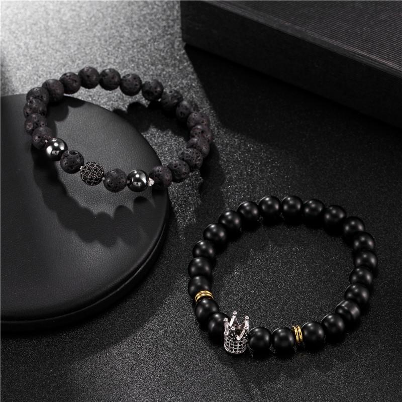 Accessories 8mm black frosted volcanic stone mixed with micro-inlaid zircon diamond ball crown bracelet, set