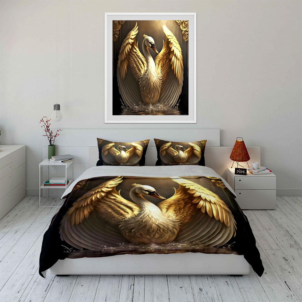 Goldener Schwan Dekoration Set - Elegantes Display Hautfreundliches Bettwäsche Set Beinhaltet 1 Bettbezug Und 2 Kissenbezüge Geschenk