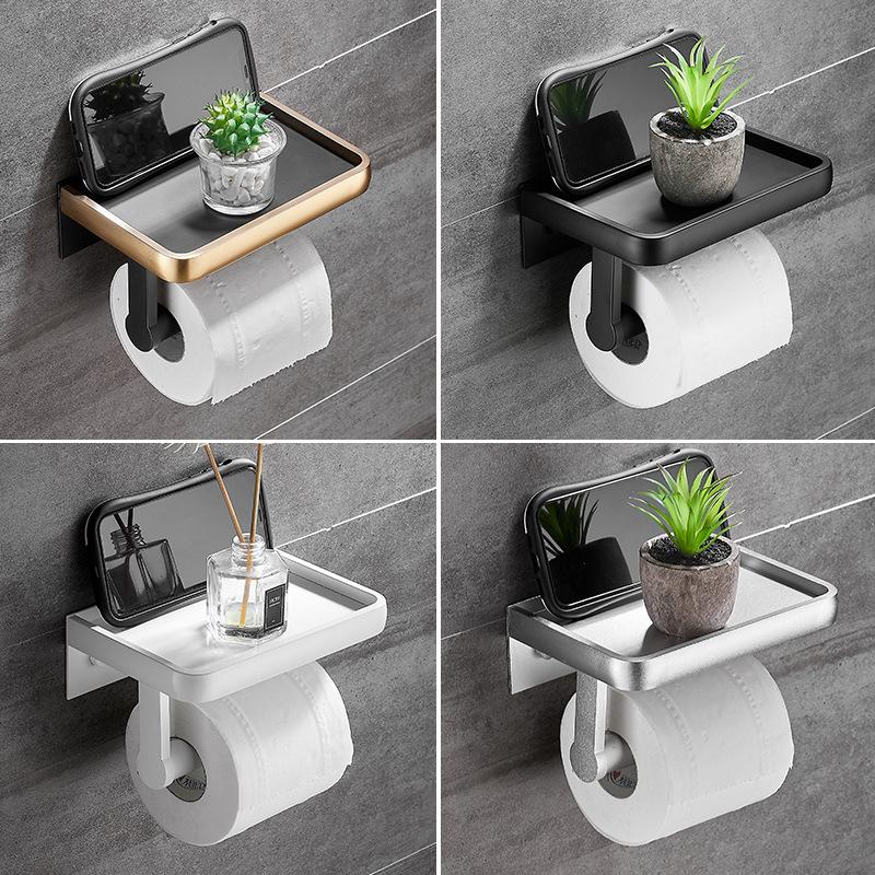 Black/White Aluminum Bathroom Paper Towel Holder Black Gold Toilet Roll Holder Mobile Phone Holder Toilet Paper Storage Rack