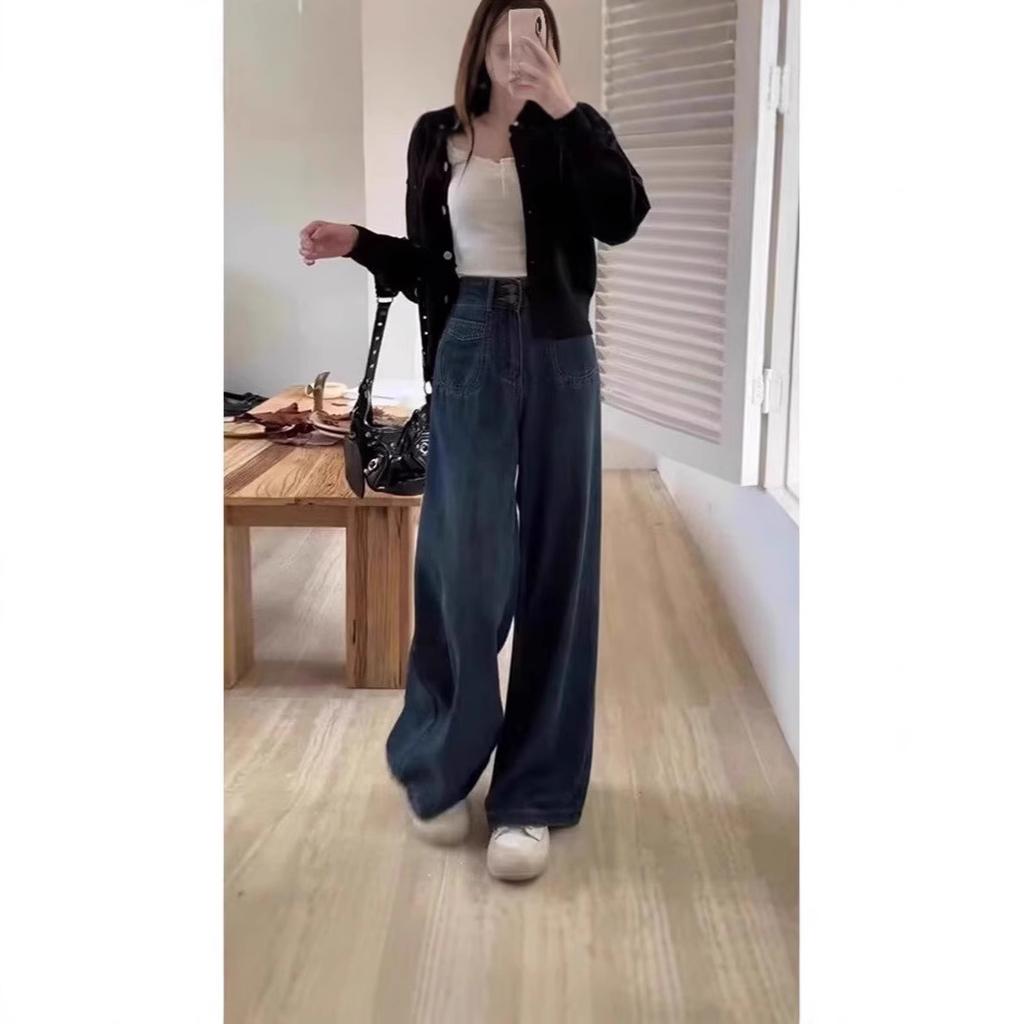 Retro wide-leg jeans for women's autumn and winter new foreign-style loose meat-covering and thin high-waisted wide-leg floor-mopping pants