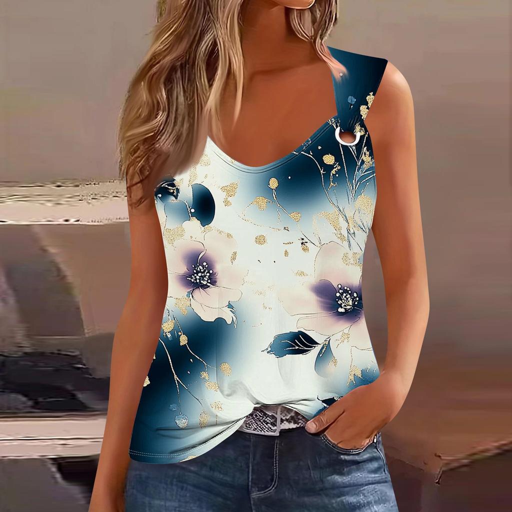 Womens Tank Top V Neck Basic Printed Casual Flowy Sleeveless Deep Side Cut Tops For Women