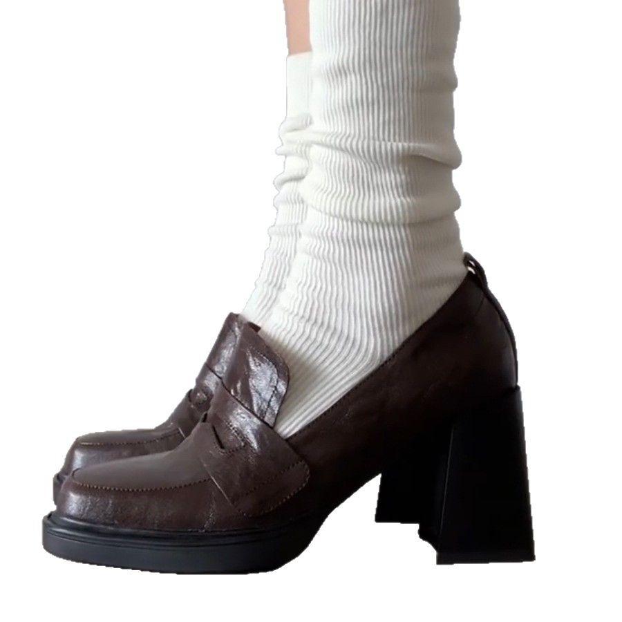 Cowhide Version~ Retro British High-heeled Small Leather Shoes Women's Thick Heel One-pedal Loafers Square Head College Style Jk Women's Shoes