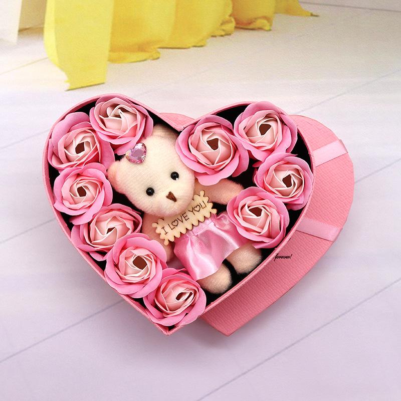 Flower Red Pink Soap Rose Love Gift Box With Bear Valentine's Day Mother's Day Anniversary Gift Wedding Party Decorations
