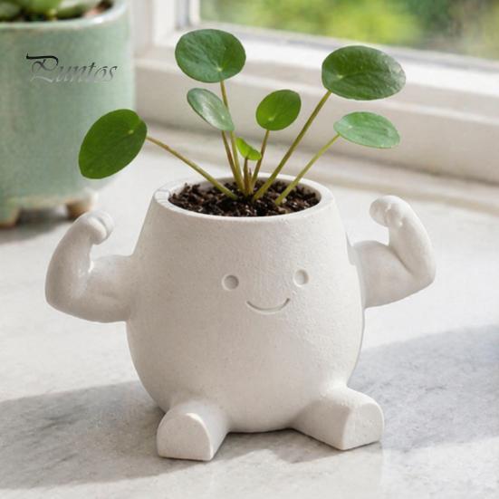 Sculptural Indoor Planter Cute Muscular Man Planter, 3D Printed Smile Face Plant Innovative PLA Pot, Decorative Funny Container for Succulents