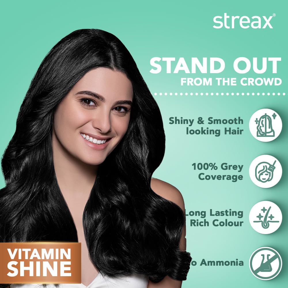 Streax Crème Permanent Hair Colour for Women 100% Grey Coverage Natural Black 140 Ml Pack of 1 Long Lasting