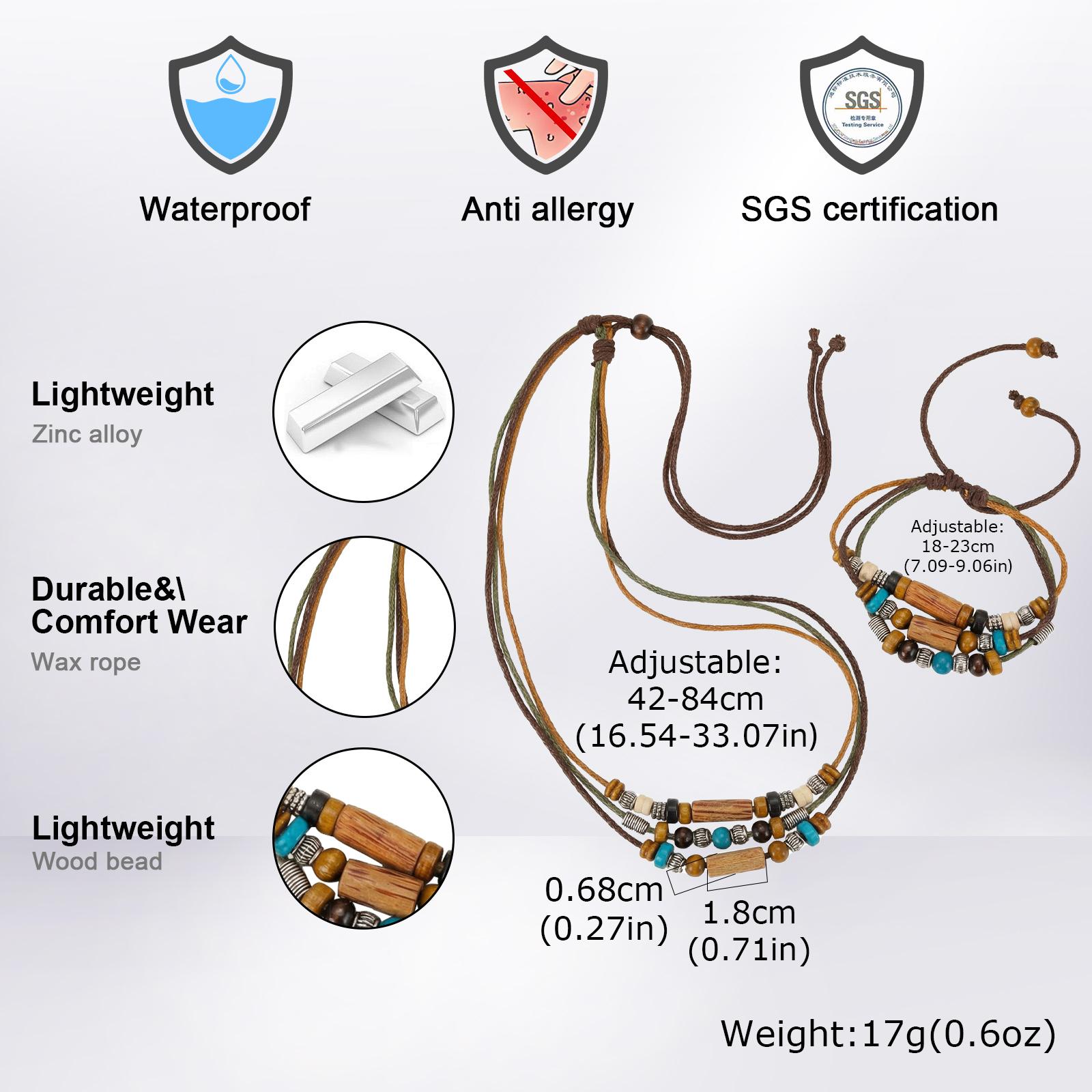 

Vnox 2pcs/Set Men s Adjustable Necklace & Bracelet Jewelry Set, Vintage Wood Beads Alloy Spacer Beads Multi-layer Weave Collar