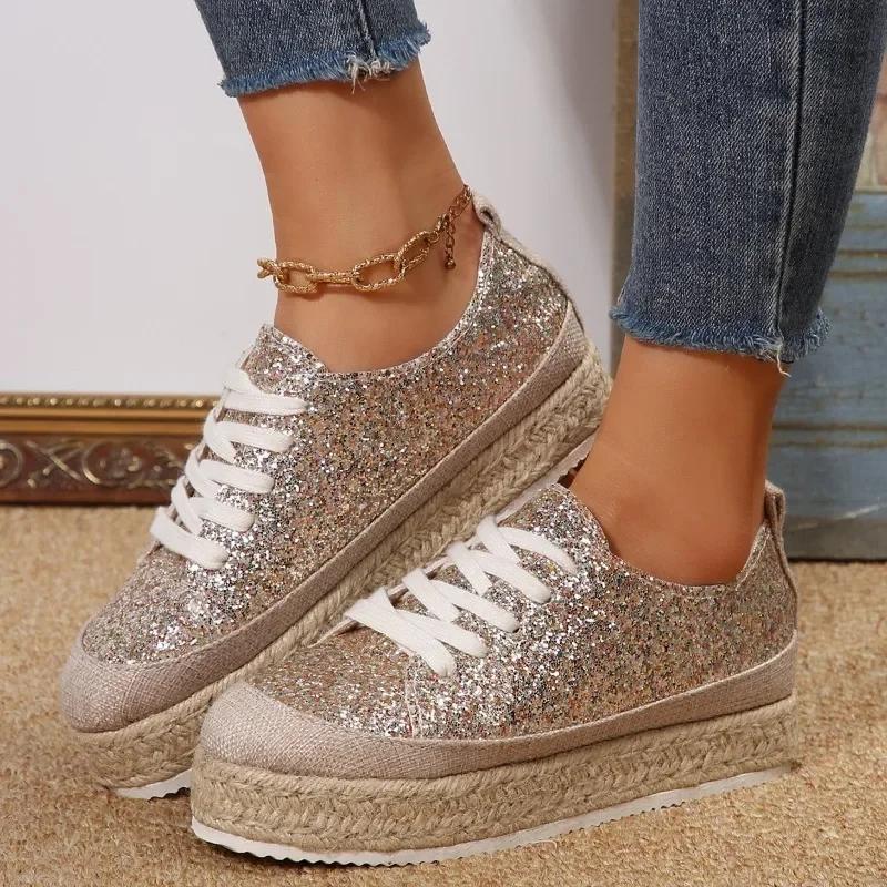2024 Women's Shoes Lace Up Women's Vulcanize Shoes Platform Women Sneakers Bling Round Toe Flat Plus Size Ladies Casual Shoes